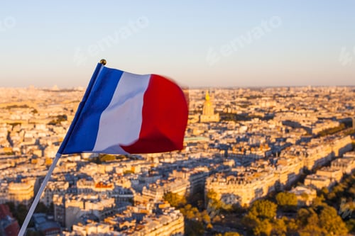Preview: The Flag Of France Over The Paris City Top View From Eiffel Tower At Sunset Time