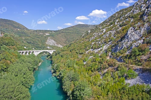 Preview: Beautiful Rive Soca And Ancient Buildings In Small Town Kanal, Slovenia