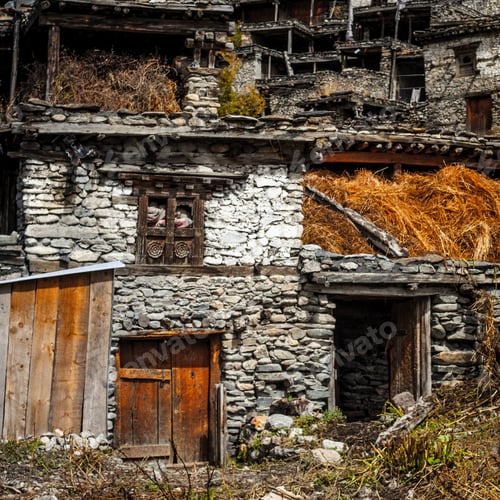 Preview: Traditional Stone Build Village Of Manang. Mountains In The Background. Annapurna Region, Nepal.