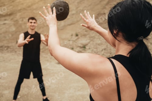Preview: Two Athletes In Black Sportswear Training Together Open Air Healthy Lifestyle And Outdoors Workout