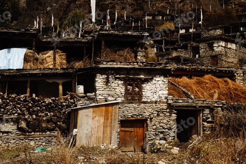 Preview: Traditional Stone Build Village Of Manang. Mountains In The Background. Annapurna Region, Nepal.