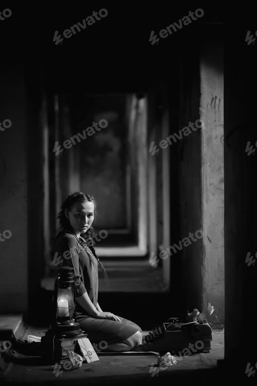 Preview: Retro Girl In The Old House Reading Books And Writing A Story