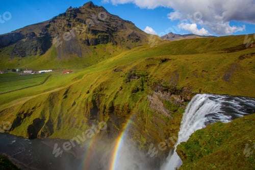 Preview: Skogafoss Waterfall And Raibow In Sunny Day In Iceland