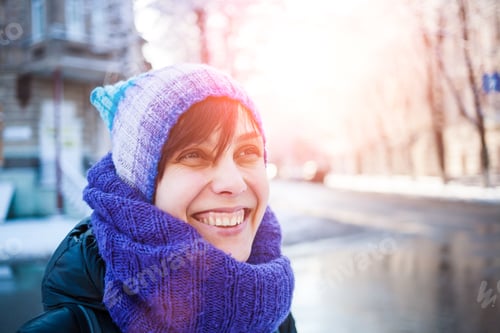 Preview: Portrait Of A Young Woman. A Smiling Girl Is Walking Around The Winter City. The Brunette In The