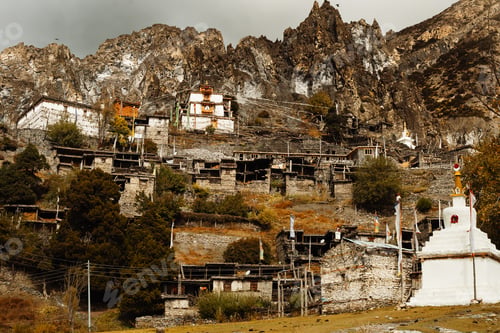 Preview: Traditional Stone Build Village Of Manang. Mountains In The Background. Annapurna Region, Nepal.