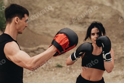 Preview: Two Boxers In Black Sportswear Training Together Open Air Healthy Lifestyle And Outdoor Workout
