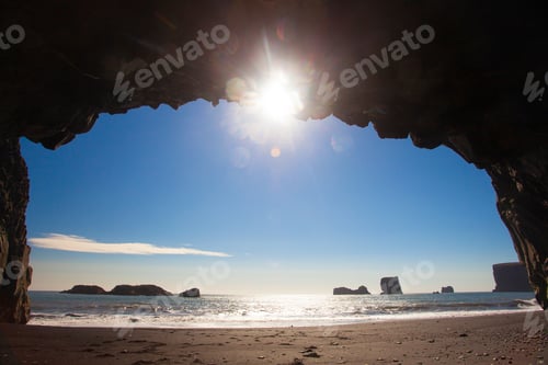 Preview: Black Sand Reynisfjara Beach In Iceland. Rocks And Cliffs At Ocean Beach. A Popular Tourist Spot On