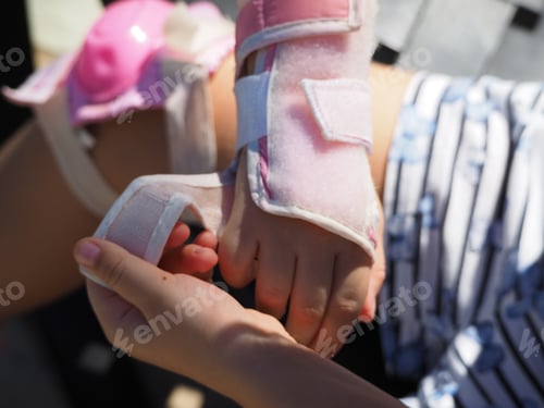 Preview: Little Girl Puts On Protection For Roller Skating. Close Up.