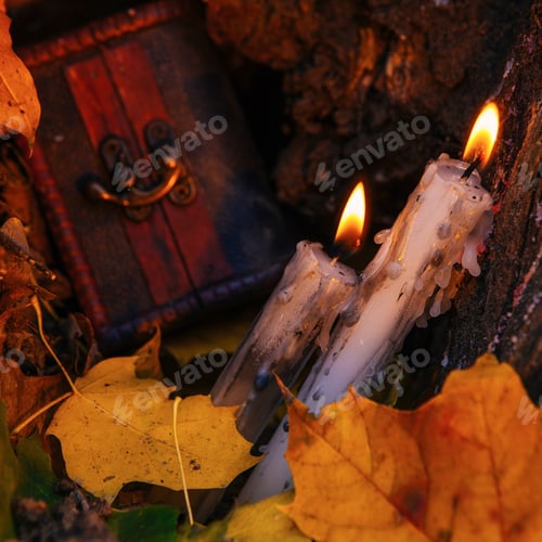 Preview: Beautiful Natural Decor For Autumnal Holiday, Old Dry Maple Leaves, Warm Candle Light