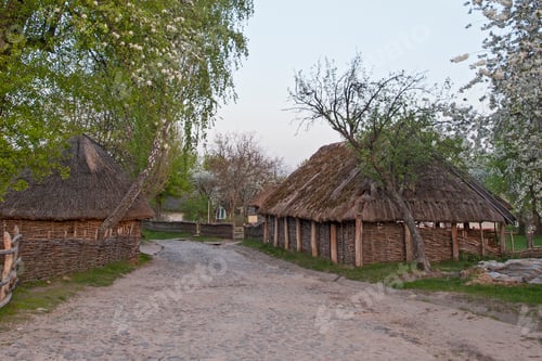 Preview: Wooden Houses In Colored Trees Taken In Park In Autumn In Pirogovo Museum, Kiev, Ukraine