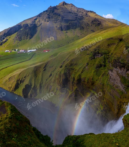 Preview: Skogafoss Waterfall And Raibow In Sunny Day In Iceland