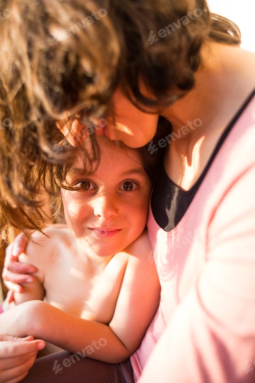 Preview: Portrait Of A Child Hugging A Mother, A Boy Spends Time With Mom, A Woman Gently Hugs Her Son. Cute