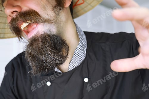 Preview: A Hilarious Parody Of An Asian Man In Vietnamese Hat With A Beard. Portrait. Asian Cafe Chef.