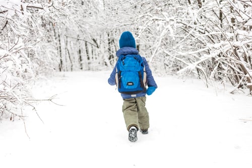 Preview: A Child Runs Through The Snow. A Boy With A Backpack Walks In The Park In Winter. Winter Vacation