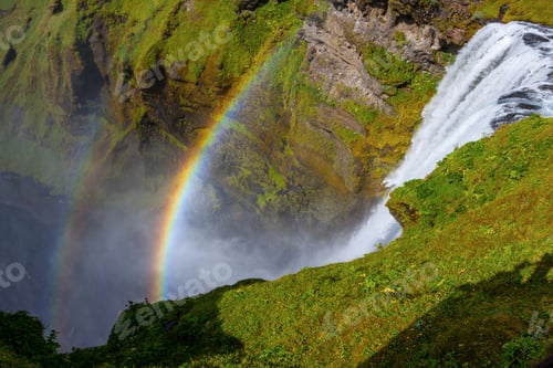 Preview: Skogafoss Waterfall And Raibow In Sunny Day In Iceland