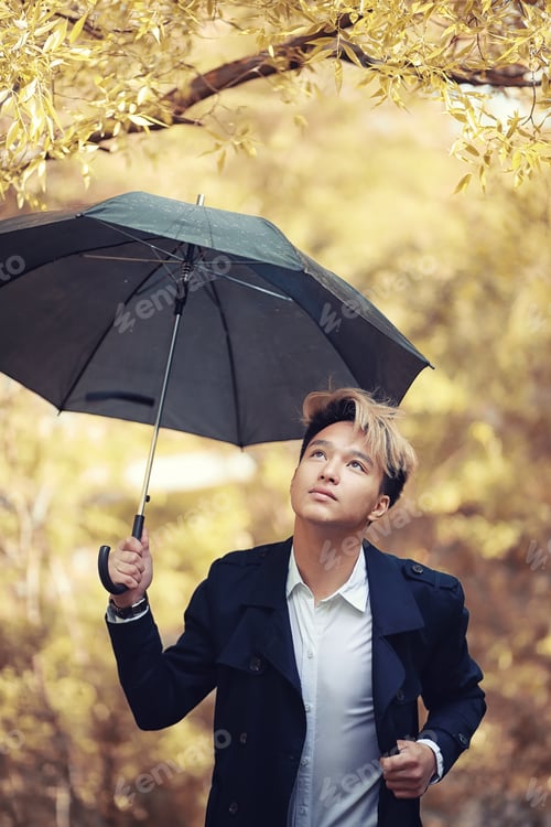 Preview: Autumn Park In Rainy Weather And A Young Man With An Umbrella