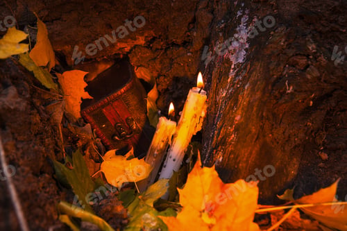 Preview: Beautiful Natural Decor For Autumnal Holiday, Old Dry Maple Leaves, Warm Candle Light