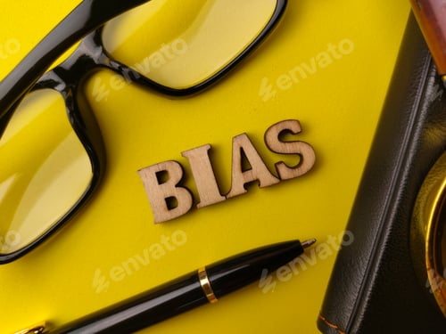 Preview: Wooden letters spelling BIAS are placed on a yellow surface surrounded by black glasses, a pen, and