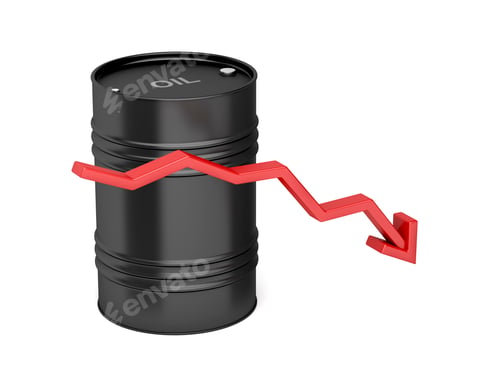 Black Oil Barrel With Downward Red Arrow on White Background