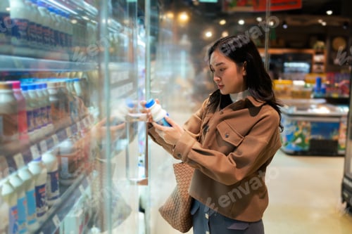 Preview: Asian woman shopping for dairy products in supermarket