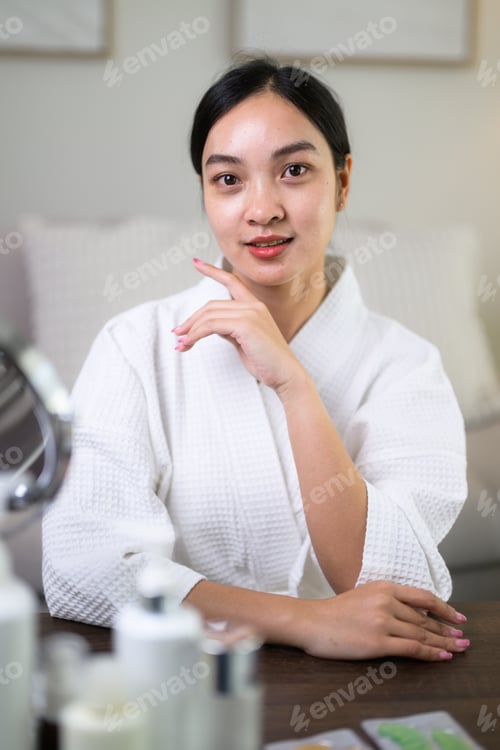 Preview: Asian woman applying makeup at home mirror, beauty and skincare routine lifestyle