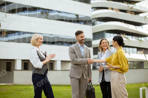 Preview: Business professionals networking in a modern urban setting on a sunny day