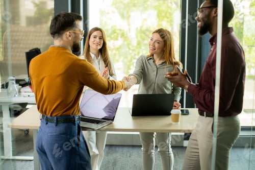 Preview: People shaking hands during a meeting inside a bright office in the afternoon