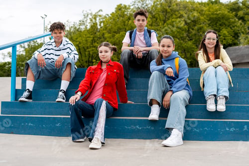 Preview: Diverse friends sitting on public urban stairs