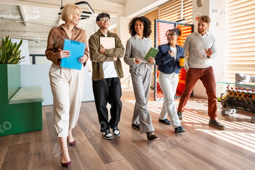 Preview: Diverse startup team walking and collaborating in office