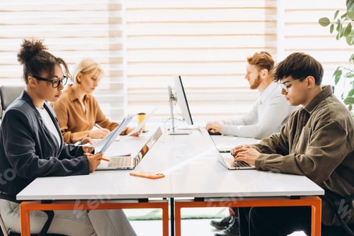 Preview: Diverse multinational group of business team collaborating during an office meeting