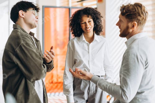 Preview: Group of multiracial businessmen and businesswoman talking together standing in modern office