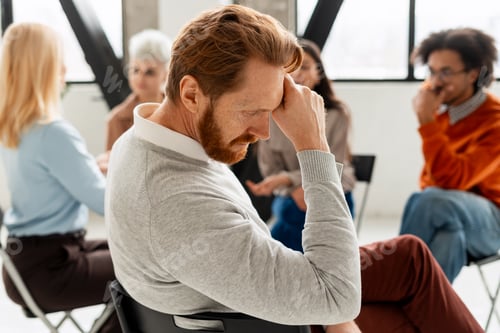 Preview: Man experiencing stress in group therapy session
