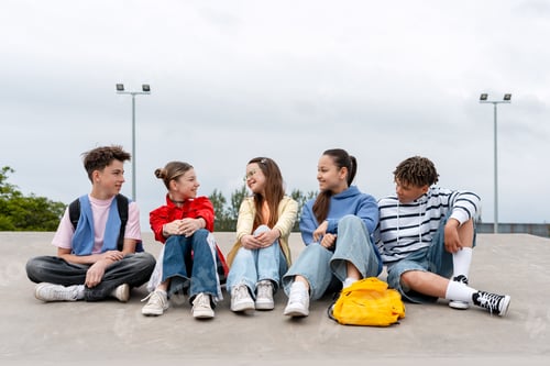 Preview: Diverse group of teenagers sitting and talking outdoors