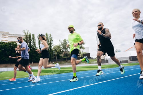 Preview: Group of athletes running on blue track in stadium