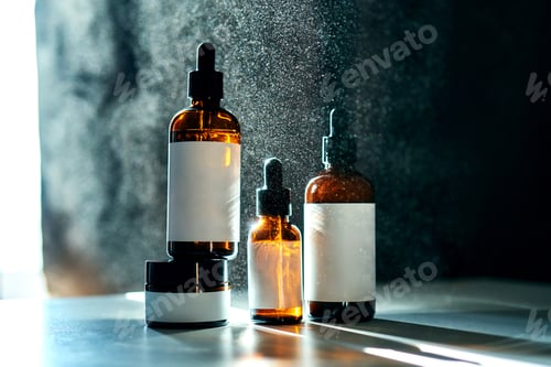 Preview: Skincare product bottles with dropper and spray in water mist