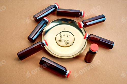 Preview: Serum liquid in petri dish surrounded by vials