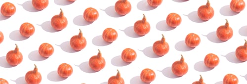 Preview: Pattern made from orange pumpkins with hard shadows on white background. Banner format