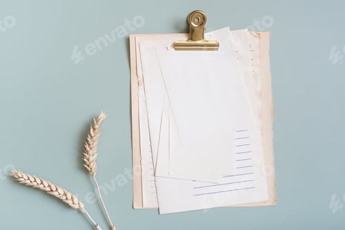 Preview: Blank sheet vintage paper notebook on colored background top view. Flat lay.