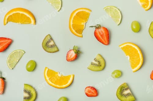 Preview: Citrus fruits and strawberries, pattern flat lay, top view. Summer layout on colored background