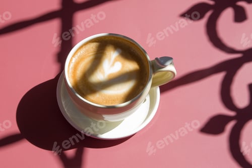 Preview: Ceramic cup with cappuccino with a heart decorated on top of foam rubber in hard shadows on a colore