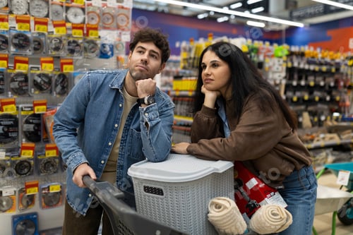 Preview: Couple pushing shopping cart, thinking while buying home improvement supplies