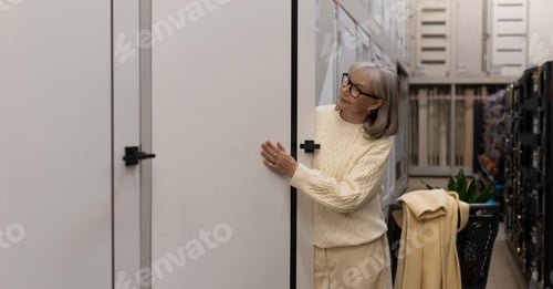 Preview: Senior woman looking at different door models in a home improvement store