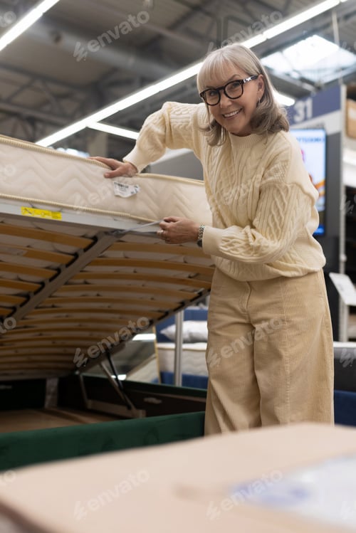 Preview: Senior woman inspecting a mattress for purchase in a retail store, smiling at camera