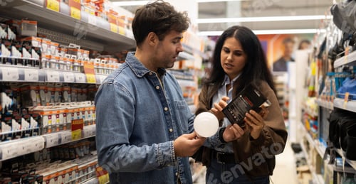 Preview: Couple discussing and comparing light bulb packaging while shopping in a retail store
