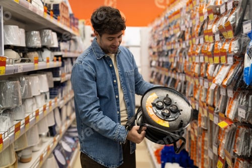 Preview: Man holding an extension cord reel, shopping for electrical equipment in a hardware store