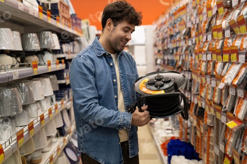 Preview: Man holding an extension cord reel, shopping for electrical supplies at a hardware store