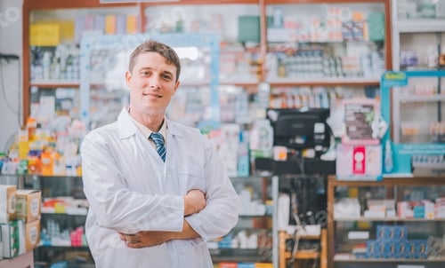 Preview: Male pharmacist posing confidently welcoming, advising patients and prescription patients in modern