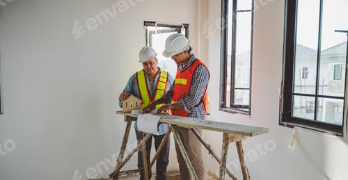 Preview: Engineers discussing construction plan indoors with teamwork, focus, and professional coordination