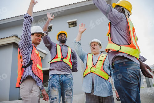 Preview: Construction team celebrating success with raised hands at building site