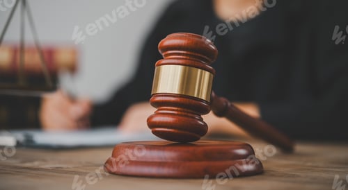 Preview: Law theme, mallet of the judge, law enforcement officers, evidence-based cases, and documents taken